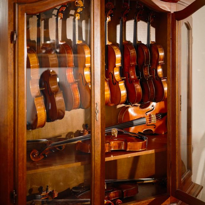 Fein gearbeitete Bratsche im Licht unserer Werkstatt.